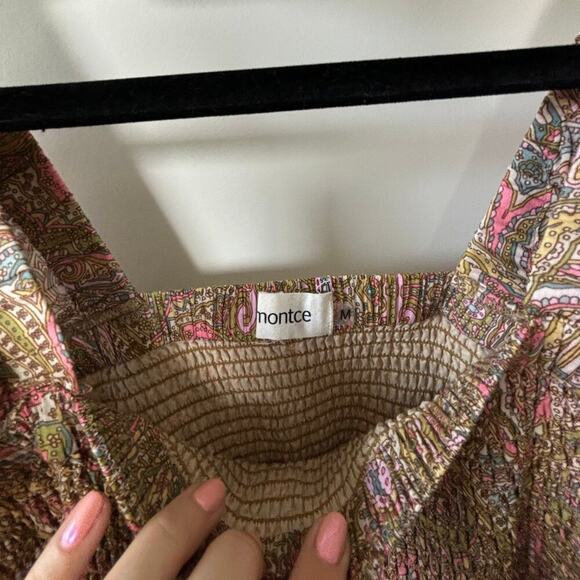 Montce Pink and Green Smocked Puff Sleeve Mini Dress - Picture 3 of 4